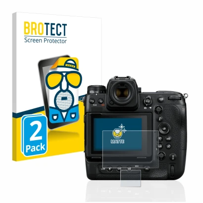 Front side of a product packaging with the brand logo BROTECT. Next to it is the device Nikon Z 9 (Display + top plate display