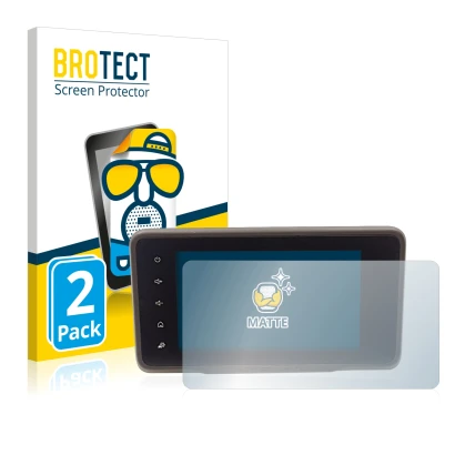 Front side of a product packaging with the brand logo BROTECT. Next to it is the device Dacia Duster 2 MediaDisplay shown with