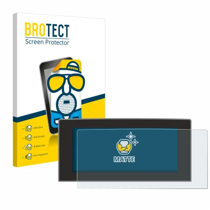 Front side of a product packaging with the brand logo BROTECT. Next to it is the device Ford Focus 2022 Sync 4 13.2" shown wit