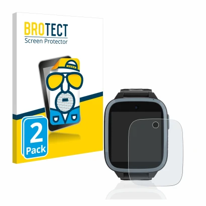 Front side of a product packaging with the brand logo BROTECT. Next to it is the device Xplora XGO3 (1st Gen.) shown with the