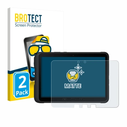 Front side of a product packaging with the brand logo BROTECT. Next to it is the device Samsung Galaxy Tab Active 4 Pro shown
