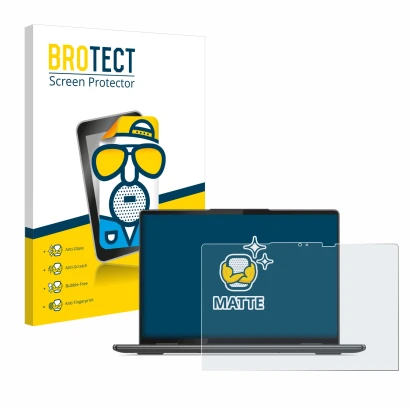 Front side of a product packaging with the brand logo BROTECT. Next to it is the device Lenovo Yoga 7 Gen 7 14" 16:10 shown wi