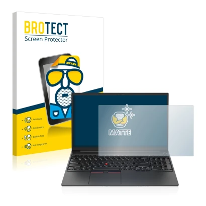 Front side of a product packaging with the brand logo BROTECT. Next to it is the device Lenovo ThinkPad E15 Gen 4 shown with t