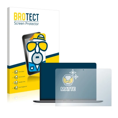 Front side of a product packaging with the brand logo BROTECT. Next to it is the device Apple MacBook Pro 13" 2022 shown with