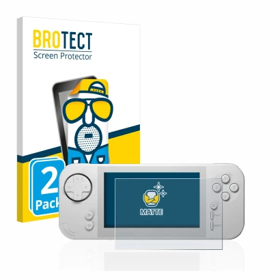 Front side of a product packaging with the brand logo BROTECT. Next to it is the device Evercade EXP shown with the correspond