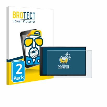 Front side of a product packaging with the brand logo BROTECT. Next to it is the device Garmin DriveSmart 86 shown with the co