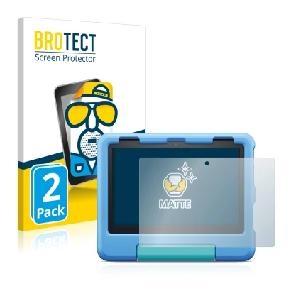 Front side of a product packaging with the brand logo BROTECT. Next to it is the device Amazon Fire HD 8 Kids 2022 shown with