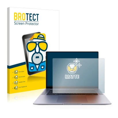 Front side of a product packaging with the brand logo BROTECT. Next to it is the device Huawei MateBook 16s shown with the cor