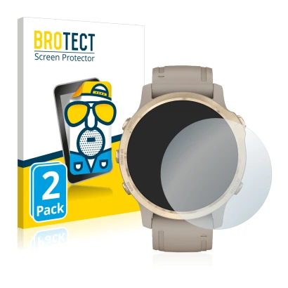 Front side of a product packaging with the brand logo BROTECT. Next to it is the device Garmin Fenix 6S Pro Solar shown with t