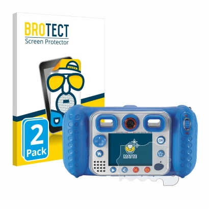 Front side of a product packaging with the brand logo BROTECT. Next to it is the device Vtech Kidizoom Duo Pro shown with the