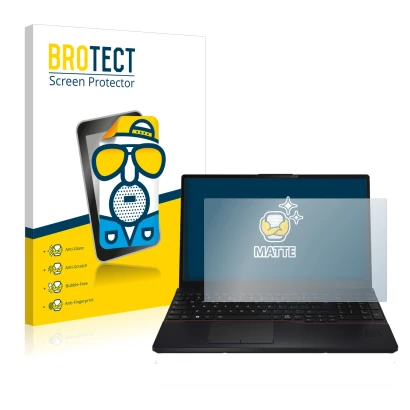 Front side of a product packaging with the brand logo BROTECT. Next to it is the device Fujitsu Lifebook E5512 shown with the 