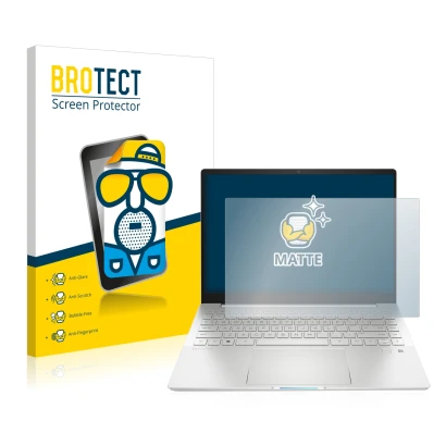 Front side of a product packaging with the brand logo BROTECT. Next to it is the device HP Pavilion Plus 14-eh shown with the 