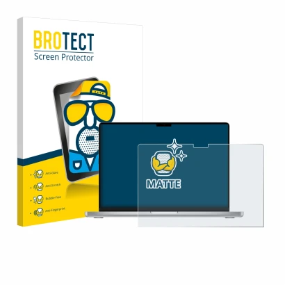 Front side of a product packaging with the brand logo BROTECT. Next to it is the device Apple MacBook Pro 14" M2 2023 shown wi