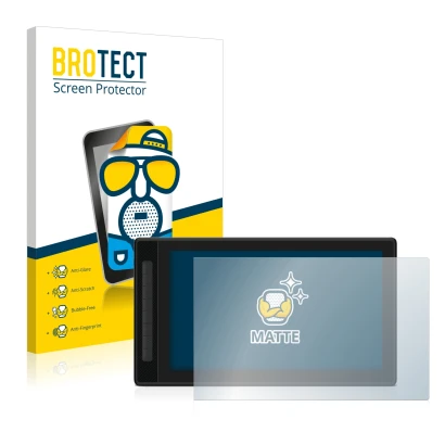 Front side of a product packaging with the brand logo BROTECT. Next to it is the device Huion Kamvas Pro 16 (2.5K) shown with