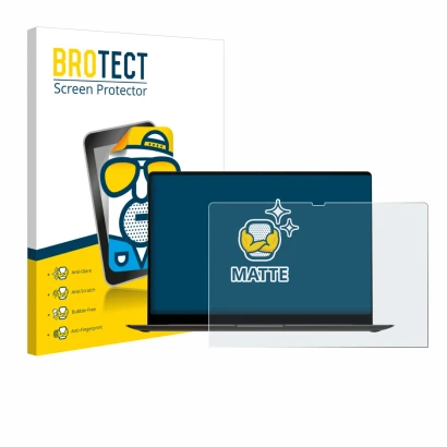 Front side of a product packaging with the brand logo BROTECT. Next to it is the device Samsung Galaxy Book3 Pro 16" shown wit
