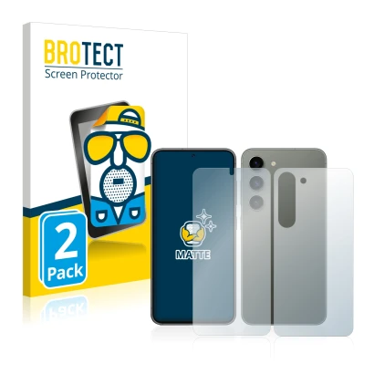 Front side of a product packaging with the brand logo BROTECT. Next to it is the device Samsung Galaxy S23 (Front+Back) shown 