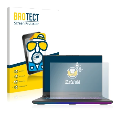 Front side of a product packaging with the brand logo BROTECT. Next to it is the device ASUS ROG Strix G18 G814 2023 shown wit