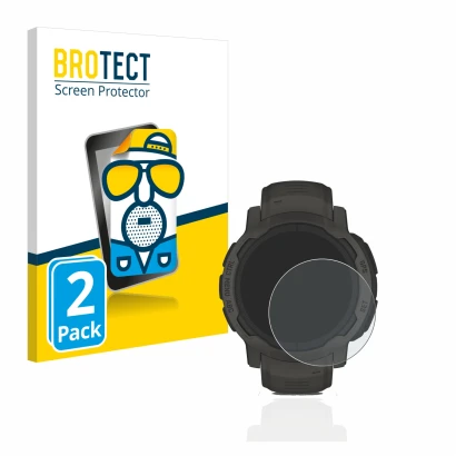 Front side of a product packaging with the brand logo BROTECT. Next to it is the device Garmin Instinct 2 Solar shown with the