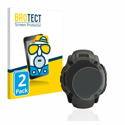 Front side of a product packaging with the brand logo BROTECT. Next to it is the device Garmin Instinct 2X Solar shown with th