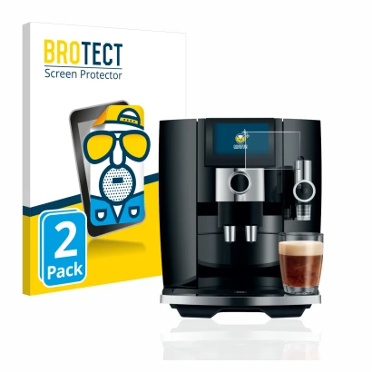 Front side of a product packaging with the brand logo BROTECT. Next to it is the device Jura J8 shown with the corresponding s