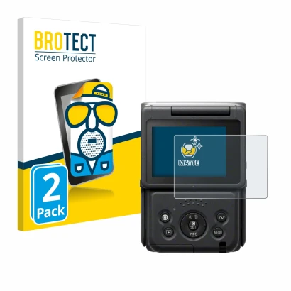 Front side of a product packaging with the brand logo BROTECT. Next to it is the device Canon PowerShot V10 Vlog Camera shown 