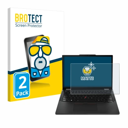 Front side of a product packaging with the brand logo BROTECT. Next to it is the device Lenovo ThinkPad X13 Gen 4 shown with t