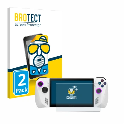 Front side of a product packaging with the brand logo BROTECT. Next to it is the device ASUS ROG Ally (2023) RC71L shown with