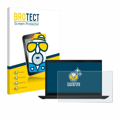 Front side of a product packaging with the brand logo BROTECT. Next to it is the device Lenovo ThinkPad L14 Gen 4 shown with t
