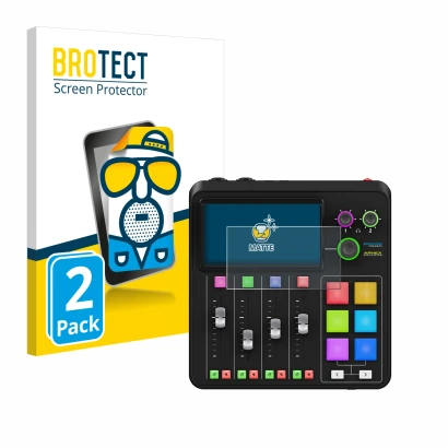 Front side of a product packaging with the brand logo BROTECT. Next to it is the device Rode Rodecaster Duo shown with the cor