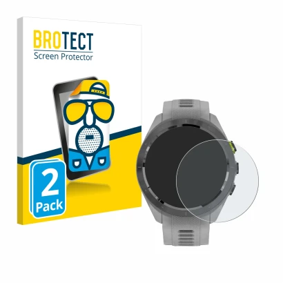 Front side of a product packaging with the brand logo BROTECT. Next to it is the device Garmin Approach S70 (42 mm) shown with