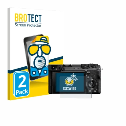 Front side of a product packaging with the brand logo BROTECT. Next to it is the device Sony Alpha 6700 shown with the corresp