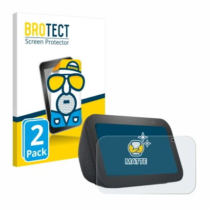 Front side of a product packaging with the brand logo BROTECT. Next to it is the device Amazon Echo Show 5 (3th Gen.) shown wi