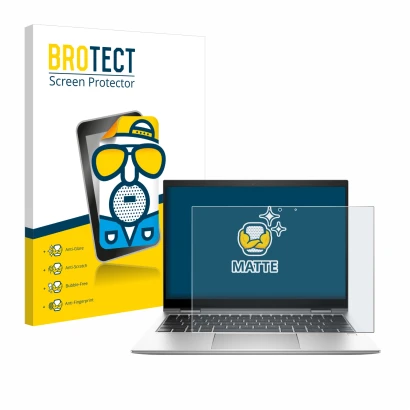 Front side of a product packaging with the brand logo BROTECT. Next to it is the device HP EliteBook x360 830 G10 shown with t