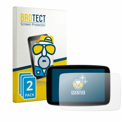 Front side of a product packaging with the brand logo BROTECT. Next to it is the device TomTom GO Expert Plus 7" shown with th