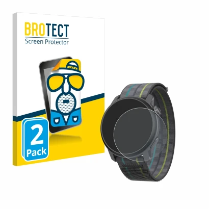 Front side of a product packaging with the brand logo BROTECT. Next to it is the device Coros Pace 3 shown with the correspond