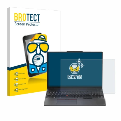 Front side of a product packaging with the brand logo BROTECT. Next to it is the device Lenovo ThinkPad E16 Gen 1 shown with t