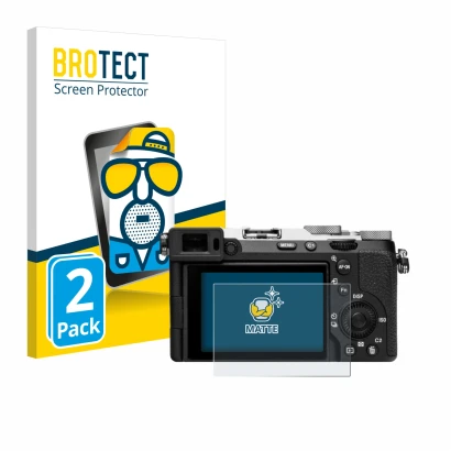 Front side of a product packaging with the brand logo BROTECT. Next to it is the device Sony Alpha 7C II (ILCE-7CM2) shown wit