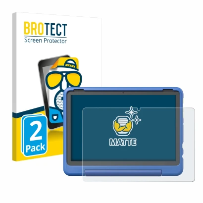 Front side of a product packaging with the brand logo BROTECT. Next to it is the device Amazon Fire HD 10 Kids Pro 2023 shown