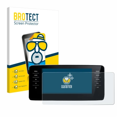 Front side of a product packaging with the brand logo BROTECT. Next to it is the device Skoda Scala Infosystem Amundsen 9.2" 2