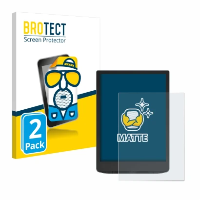 Front side of a product packaging with the brand logo BROTECT. Next to it is the device PocketBook InkPad Color 3 shown with t