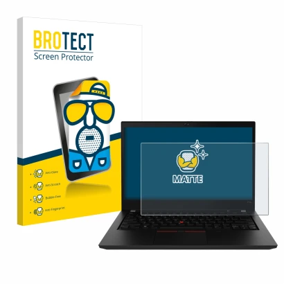 Front side of a product packaging with the brand logo BROTECT. Next to it is the device Lenovo ThinkPad P14s Gen 2 shown with