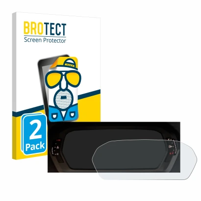 Front side of a product packaging with the brand logo BROTECT. Next to it is the device Audi A3 2023 Virtual cockpit shown wit