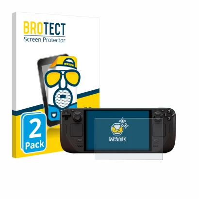 Front side of a product packaging with the brand logo BROTECT. Next to it is the device Valve Steam Deck OLED shown with the c