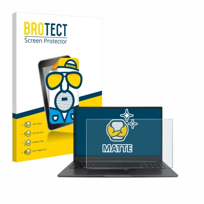 Front side of a product packaging with the brand logo BROTECT. Next to it is the device ASUS Vivobook 15 OLED shown with the c