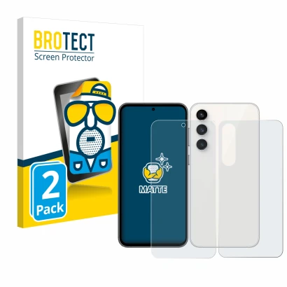 Front side of a product packaging with the brand logo BROTECT. Next to it is the device Samsung Galaxy S23 FE (Front+Back) sho