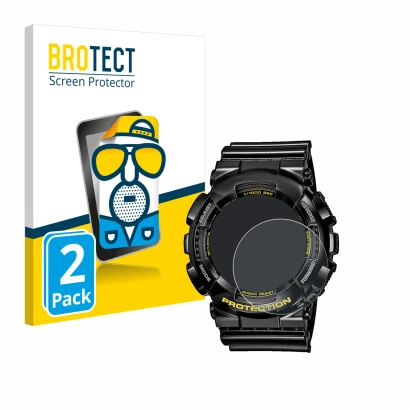 Front side of a product packaging with the brand logo BROTECT. Next to it is the device Casio G-Shock GA-110GB-1A shown with t