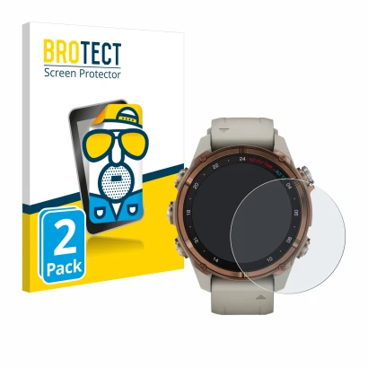 Front side of a product packaging with the brand logo BROTECT. Next to it is the device Garmin Descent Mk3 (43 mm) shown with