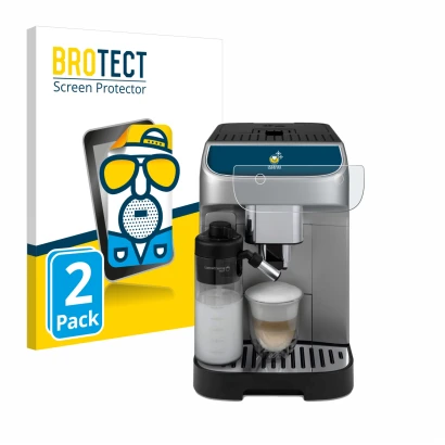 Front side of a product packaging with the brand logo BROTECT. Next to it is the device DeLonghi Magnifica Plus shown with the