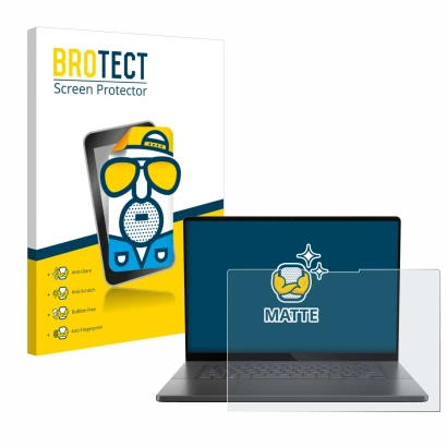 Front side of a product packaging with the brand logo BROTECT. Next to it is the device ASUS ROG Zephyrus G16 2024 shown with