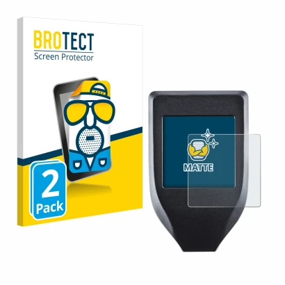 Front side of a product packaging with the brand logo BROTECT. Next to it is the device Trezor Model T shown with the correspo